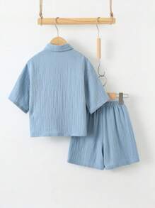 Loomiva Young Boys All-Match Blue Shirt & Elastic Waist Shorts 2 Pieces Set, Casual & Comfortable For Spring/Summer - Blue - View 2