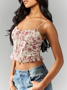 MISSGUIDED 花卉印花紧身胸衣吊带背心褶饰罩杯夏季节日田园风甜心领口荷叶边下摆波西米亚风吊带背心春季草原风格休闲背心 - 彩色 - 查看 5