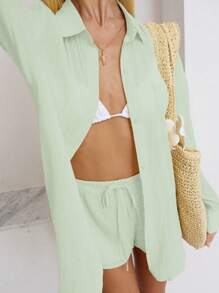 Sunnyshic 2 件套 - 女士休闲日常纯色亚麻薄面料纽扣前长袖衬衫和低腰短裤，春夏 - 橄欖綠 - 查看 6