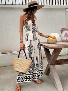 SHEIN Frenchy Women's Vacation Boho Botanical Print Wide Leg Casual Neck Halter Jumpsuit Everyday Vacation Wear Summer Outfits For Women Vacation Outfits Women Rompers For Women Chic Holiday Resort - Multicolor - View 6