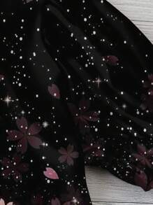 SHEIN LUNE Plus Size Mother's Day Red & Black Ditsy Floral Keyhole Neck Puff Sleeve Blouse, Casual Minimalist Suitable For Summer Vacation Chic Blouses For Women