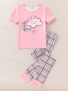 Set de 2 piezas de pijama para niña preadolescente que incluye blusa de manga corta con estampado de nubes, luna y estrellas de color rosa sólido, y pantalón de leggings a cuadros - Rosa - Ver 1