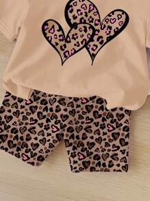 SHEIN Happikins 2pcs/Set Young Girl Casual Heart & Leopard Print Short Sleeve T-Shirt And Shorts Set, Suitable For Summer