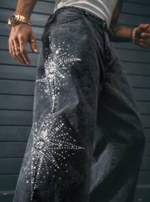 AXEPEAK Jeans de pierna recta larga para hombre con decoración de rhinestones, inspirado en el streetwear