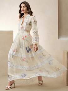 Anewsta Conjunto de 2 piezas con blusa de manga larga con estampado floral y aplicaciones de encaje, y falda midi en línea A, conjunto elegante para mujer, para primavera, festivales, vacaciones