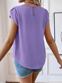 SHEIN Maternity Solid Color Ruched Round Neck Elegant Short Sleeve Blouse, Suitable For Summer - Purple - View 2