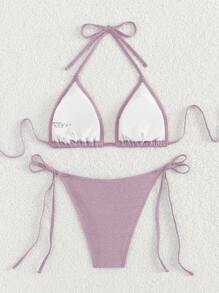 Swim Basics Women's Summer Beach Solid Color Halter Tie Sexy Bikini Swimsuit Set - Mauve Purple - View 2