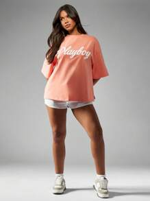 Missguided x Playboy 标志超大 T 恤街头休闲短袖棉混纺夏季春季休闲运动服嘻哈时尚都市风格 - 橘色 - 查看 5