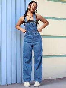 SHEIN PETITE Women's Loose Fit Pocketed Wide Leg Casual Denim Jumpsuit - Medium Wash - View 3