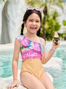Random Ice Cream Print One-Piece Swimsuit For Girls - Multicolor - View 3
