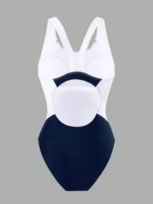 Swim SPRTY Women's One-Piece Swimsuit Black & White Contrast Color Patchwork Design, Tight Fit Sports Beach Style For Summer Beach Vacation - Multicolor - View 6