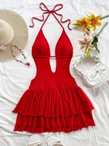 Soleia 复古红色深V领露背系带荷叶边下摆迷你连衣裙，适合派对、性感约会、下午茶、街头、城市度假、音乐节、海滨、夏季服装 - 紅色 - 查看 3