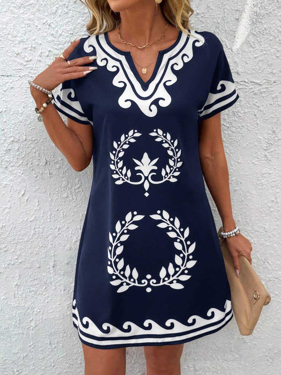 EMERY ROSE Women's Notched-Neck Allover Print Casual Short Sleeve Mini Dress, Summer Summer Dresses For Women,Shirt Dresses For Women