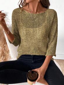 SHEIN LUNE Solid Crew Neck Sheer Casual Fashion Pullover Sweater Knit Pullover Fall Winter - Khaki - View 1