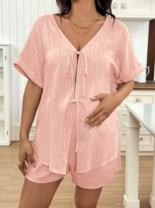 SHEIN Maternity Two Pieces Suits Maternity 2 Pieces Set Casual - Dusty Pink - View 3