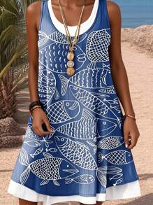 INAWLY Solva 大码夏季假日鱼印花圆领无袖连衣裙