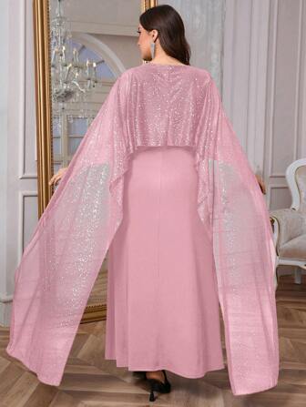 SHEIN Privé 大码女式优雅浪漫时尚商务休闲性感闪亮斗篷长款紧身连衣裙，适合派对、度假、返校、约会、婚礼和生日