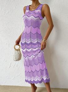 Breezaya Women Wave Striped Round Neck Sleeveless Fitted Knit Dress - Multicolor - View 3