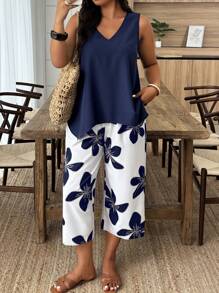 Weeklong Plus Size Two Pieces Sleeveless Casual Holiday-Style Floral Print Set