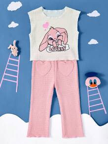 SHEIN 2pcs/Set Young Girls Casual Cute Cartoon Rabbit Embroidered Top And Pants Set, Fashionable Textured Fabric Suitable For 4-7Y Outdoor Activities, Holiday, Photo Shoot Spring/Summer - Pink - View 2
