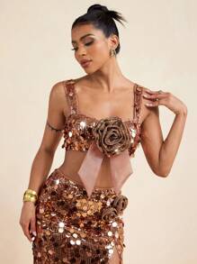 PHXTHREADS 金色亮片 3D 玫瑰花欧根纱蝴蝶结文胸甜心领口短款上衣女士夏季 - 金色 - 查看 6