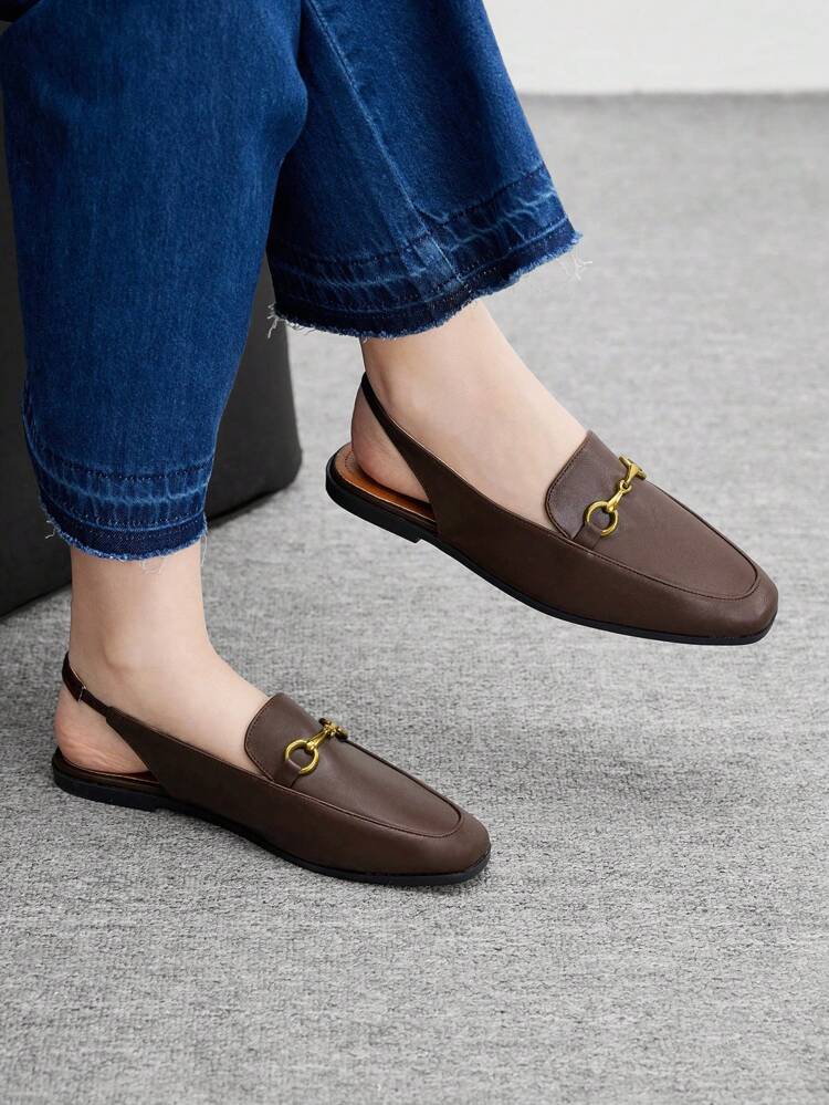 CUCCOO BIZCHIC Black Square Toe Elegant Buckle Embellished Flat Mule Slip-On Shoes For Women, Fashionable Commute Styling, Graceful Aesthetic, Casual Spring Outfit For Christmas Spring Shoes