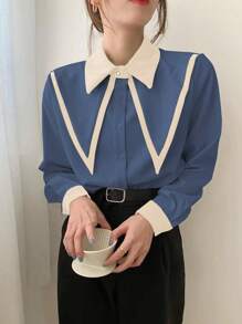 女士优雅拼色长袖衬衫 - 藍色 - 查看 2