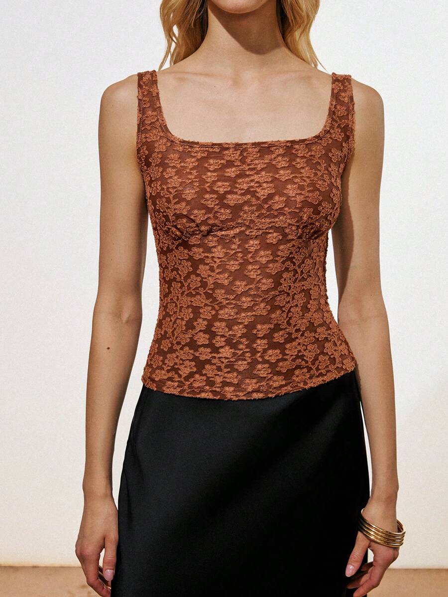 Lumivelle Women's Retro Backless Criss-Cross Slim Fit Square Neck Sleeveless Tank Top - Coffee Brown - View 1