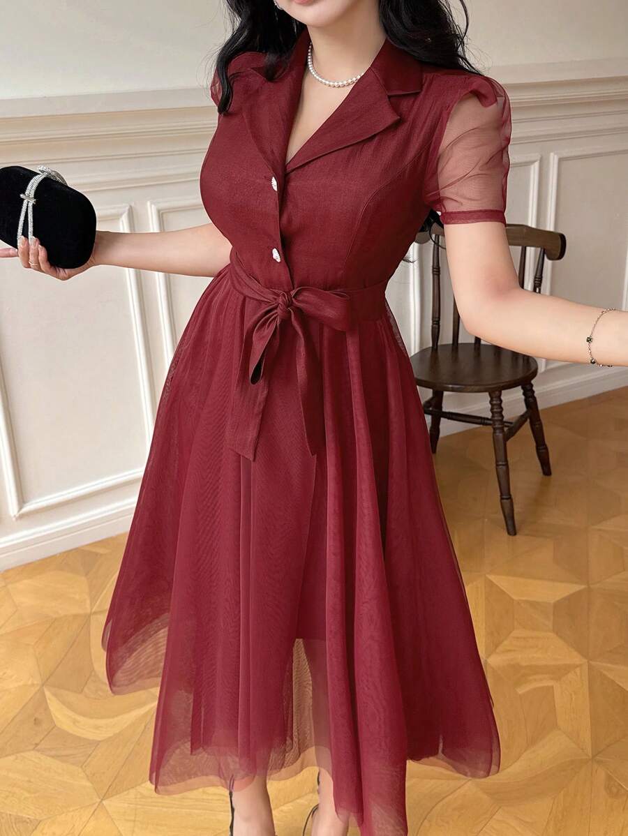 DAZY Women Mid-Length Patchwork Suit Collar Asymmetrical Hem Dress Red Women Dresses - Burgundy - View 1