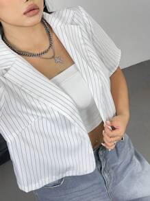 POPSWAY 优雅、度假、夏季、简约时尚百搭纯黑色短袖西装外套 - 黑與白 - 查看 4