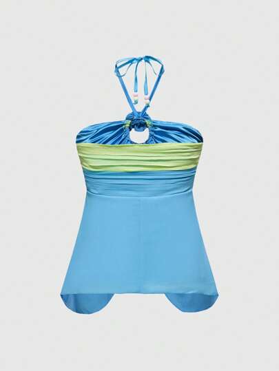 ROMWE Avant Chaleco plisado de playa para mujer con estampado floral de bloques de color y escote de halter