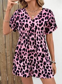SHEIN LUNE Women's Casual Leopard Print Romper: Short Sleeve V-Neck Ruffle Hem Polyester Playsuit With Pockets - Multicolor - View 5