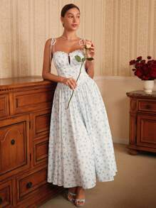SHEIN Unity 夏季、节日、假日、度假花卉印花优雅甜美女士太阳裙，V 领蕾丝边系带蝴蝶结长裙 - 彩色 - 查看 4