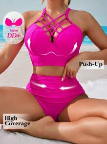 Swim DD+ Women's Summer Beach Solid Color Criss-Cross Sexy Bikini Set - Hot Pink - View 3