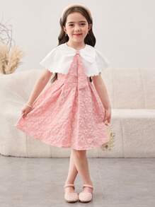 SHEIN Young Girl Color-Block Large Lapels Patchwork Floral Jacquard Bowknot Decor Midi Dress, Shawl Neck, Ruffle Cake Dress, Flower Girl, Cute & Elegant & Sweet & Vintage & Fashionable. Mom And Daughter & Sisters Matching, Family Vacation, Daily Wear, Home Family Gatherings And Special Occasions, Sibling Outfits, Gorgeous Princess, Party Wear, For Birthdays, Spring/Summer. - Pink - View 13