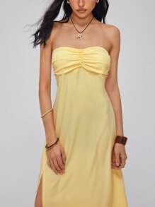 Roylia Beige Strapless Woven Side Slit Invisible Zipper Elegant Dress