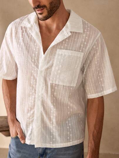 GENTILAND Men's Casual Loose Woven Embroidered Short Sleeve Shirt