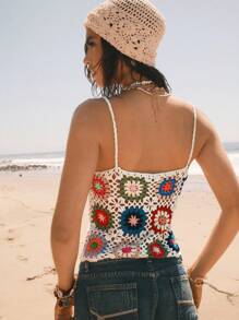 Easelle 2025 Spring And Summer Women Bohemian Style Beach Vacation Island, Women Crochet Floral Woolen Bowknot Decor Hollow Out Knit Top