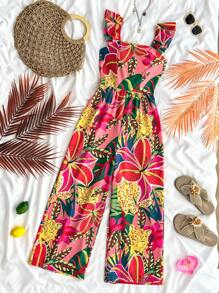 SHEIN Teen Girl Floral Print Square Neck Cap Sleeve Wide Leg Jumpsuit, Suitable For Vacation, Music Festival, Bohemian, Holiday, Date And Afternoon Tea