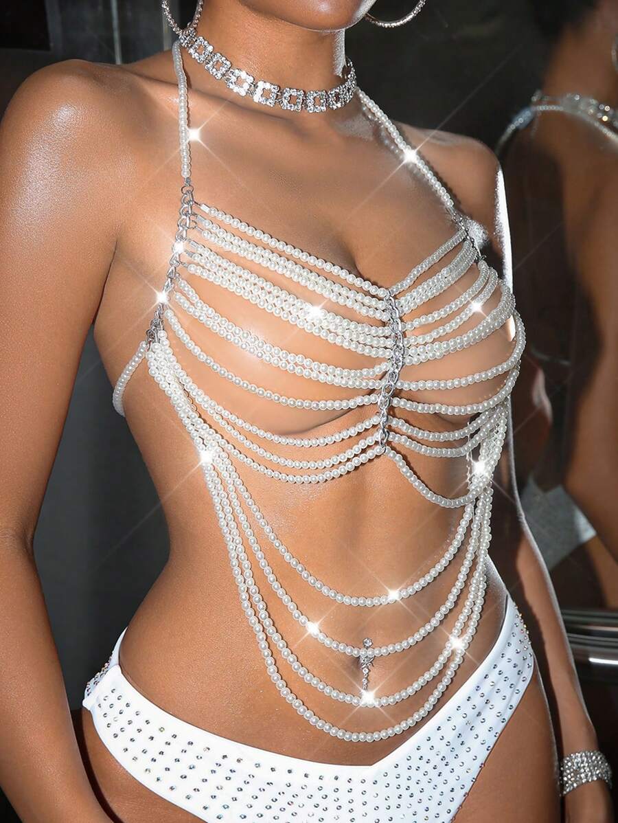 Swim EVENT Women's Fashionable Sexy Beaded Chain Neck Halter Cover Up For Summer Beach Vacation - White - View 1