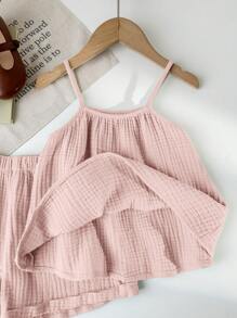 SHEIN LMoss Kids Summer Young Girl Minimalist Casual Spaghetti Strap Loose Tank Top & Fringed Hem Shorts 2Pcs Set - Pink - View 7