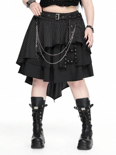 Gothic Asymmetric Striped Metal Cross Chain Plus Size Skirt