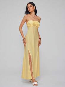 Roylia Beige Strapless Woven Side Slit Invisible Zipper Elegant Dress