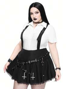 ROMWE Goth Falda con dobladillo de encaje y tirantes anchos con diseño de colgante de cruz gótico, tallas grandes - Negro - Ver 6