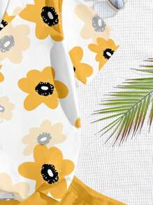 Manfinity KASUA 2 件套年轻男士休闲花卉印花修身领短袖衬衫 + 短裤套装，非常适合夏季度假、约会、派对、情侣装，是送给男朋友的绝佳礼物