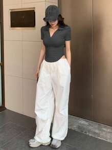 DAZY Women's Polo Collar Short Sleeve T-Shirt, New Spring/Summer - Grey - View 6