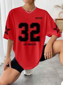 INAWLY Camiseta casual de mujer de cuello redondo y hombros caídos con estampado numérico, para verano - Rojo - Ver 6