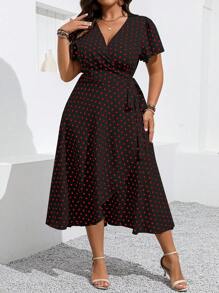 SHEIN Clasi 大码波尔卡圆点印花系带裹身休闲度假连衣裙 - 黑色 - 查看 3
