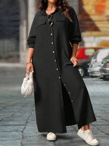 SHEIN LUNE Vestido camisero informal de talla grande para mujer, de un solo color, con hombros caídos y estilo suelto, para primavera/otoño, vestido largo de mujer - Negro - Ver 5