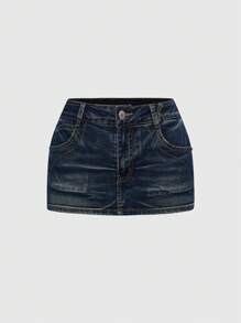 ROMWE Grunge Punk Plus Size Retro Washed Butterfly Embroidered Fitted Mini Denim Skirt - Dark Wash - View 2